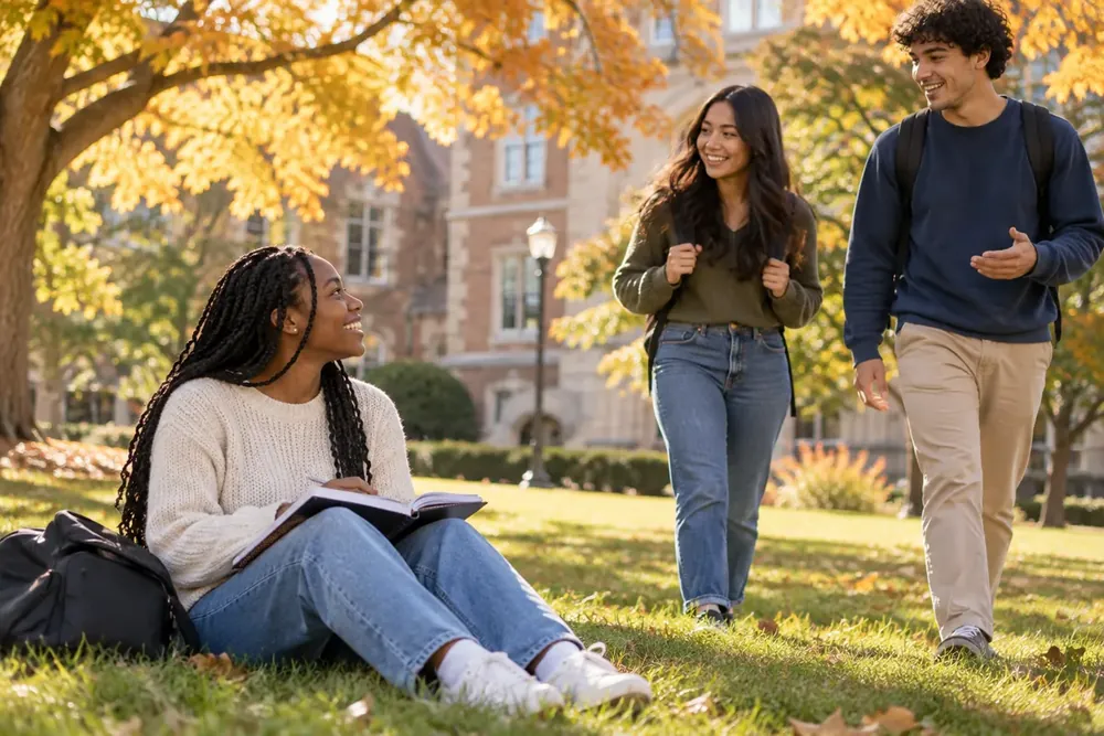Students connecting outdoors on a leafy university campus.
