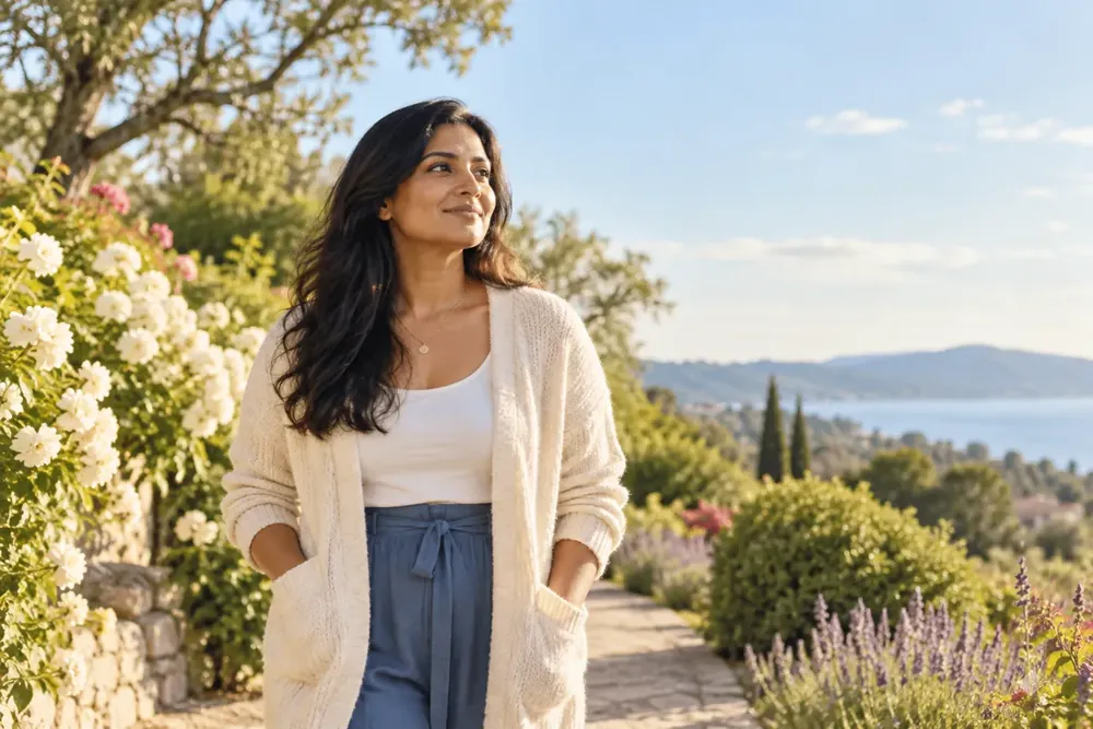 A woman pausing on a sunlit garden path.