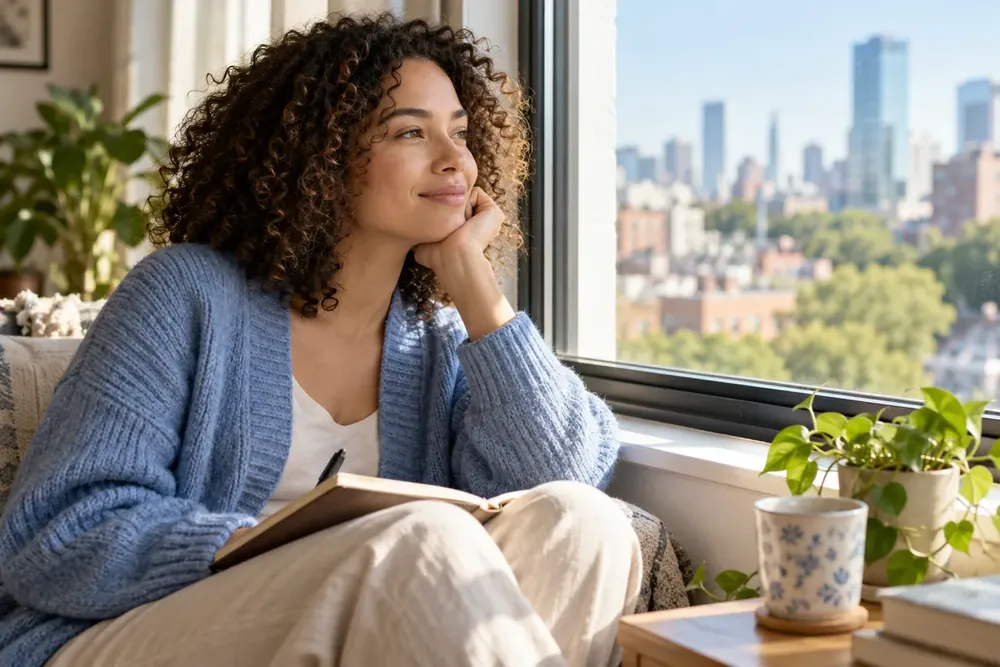 An adult taking a quiet pause beside a window.