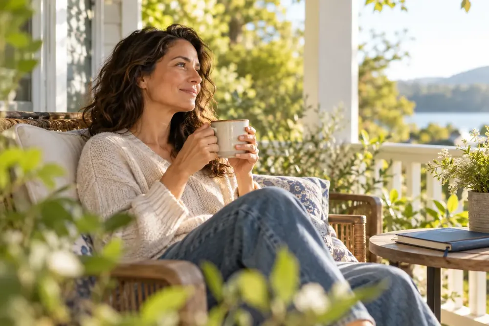 An adult sitting with tea on a sunlit porch.