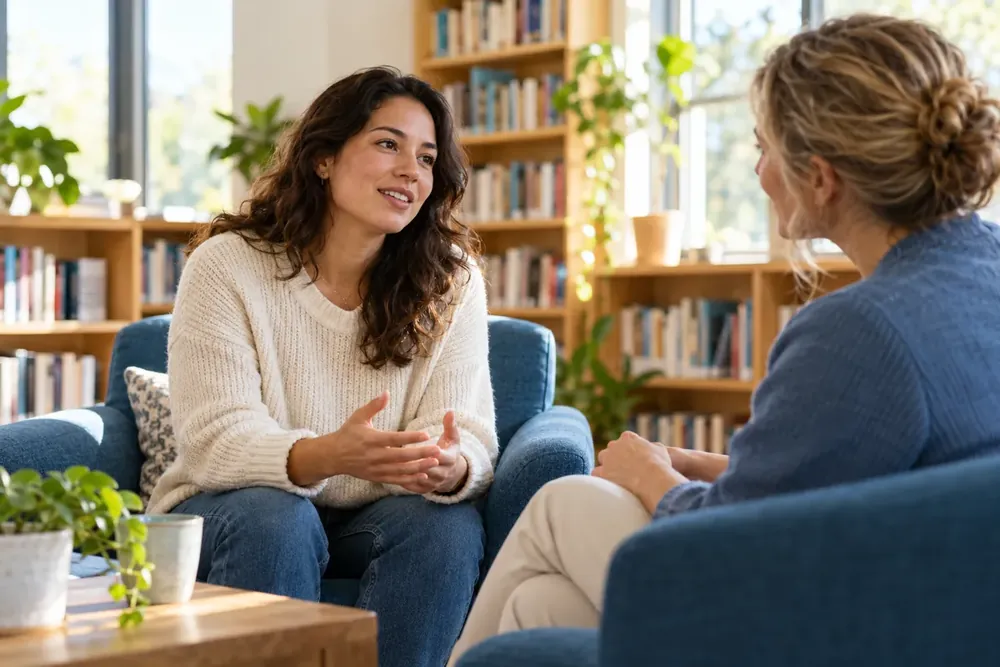 Two adults talking in a community reading room.