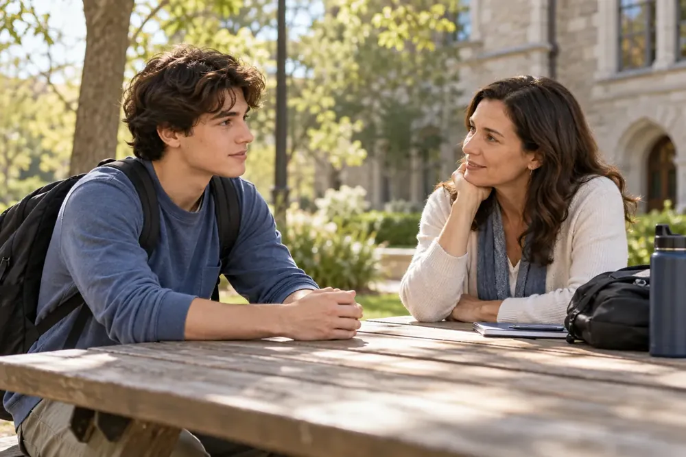 A student and adult talking at a campus table.