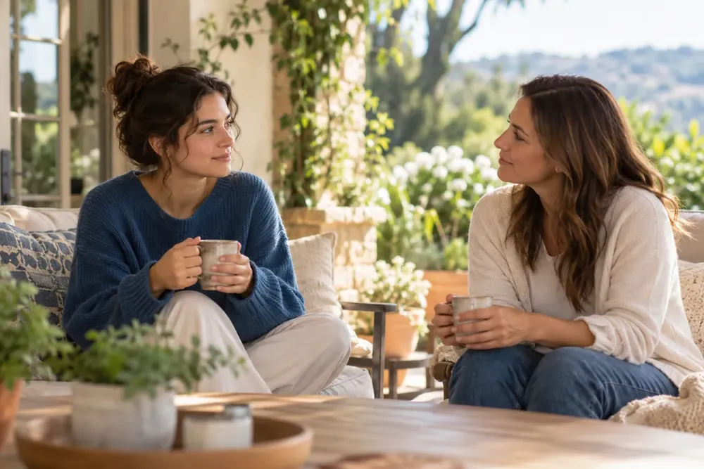 Two adults having a quiet conversation on a garden terrace.