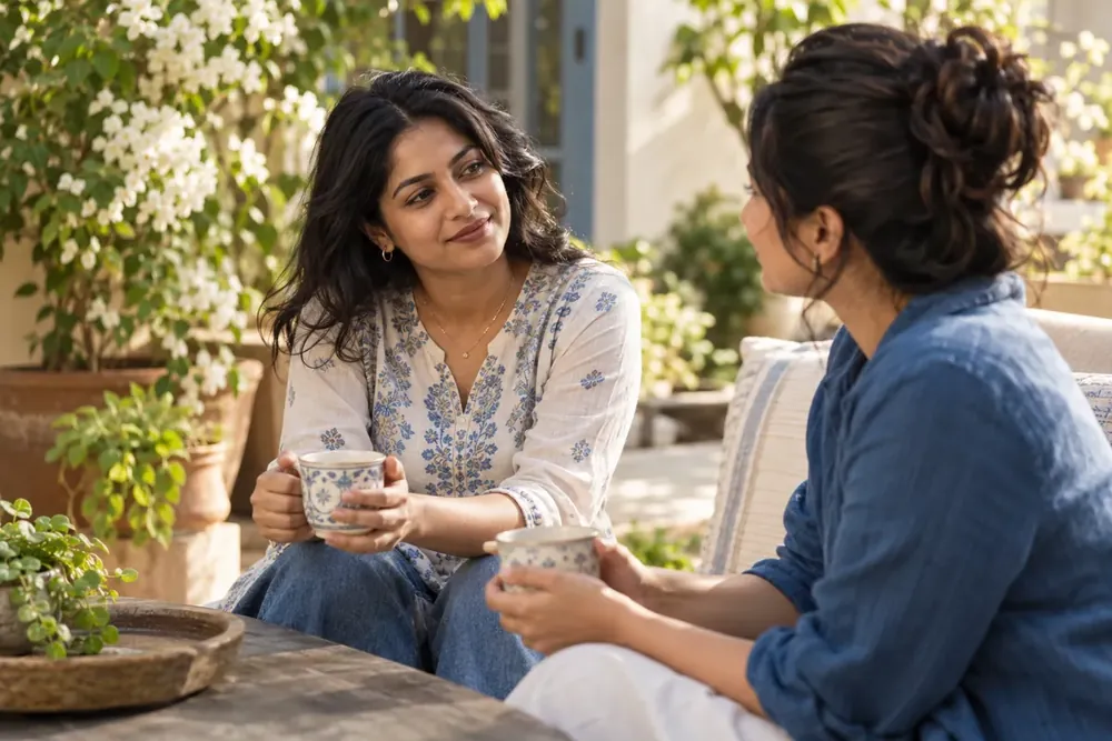 Two women talking with tea in a leafy courtyard.