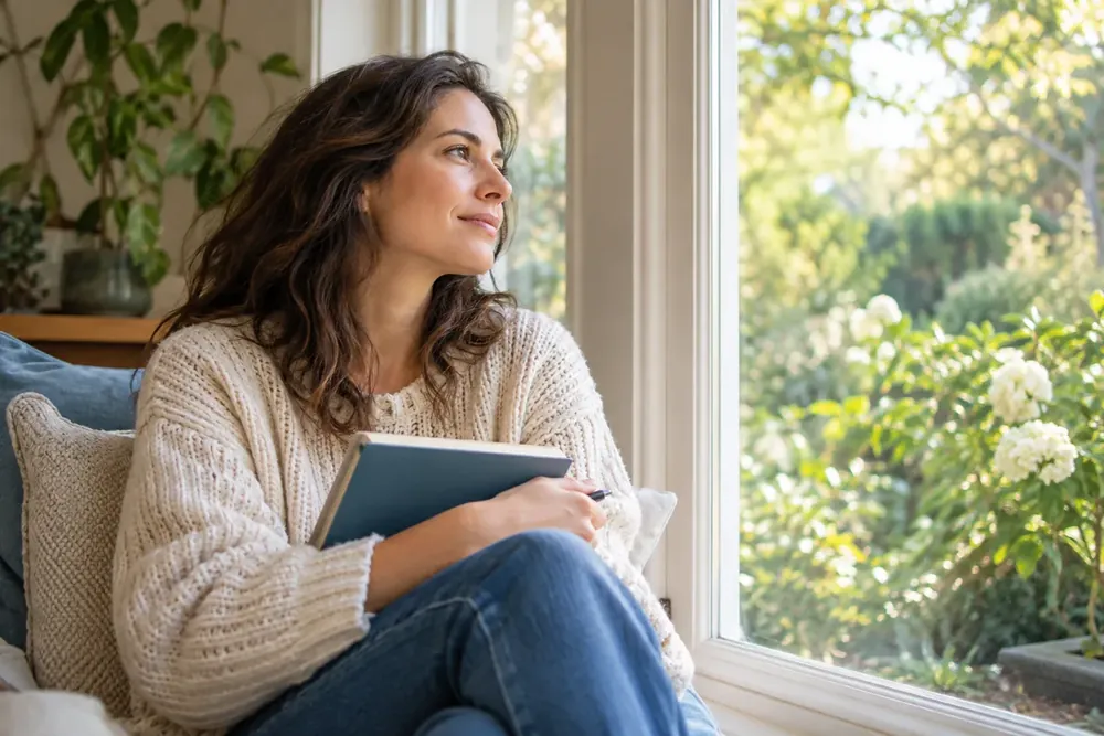 A woman reflecting beside a window with a notebook.