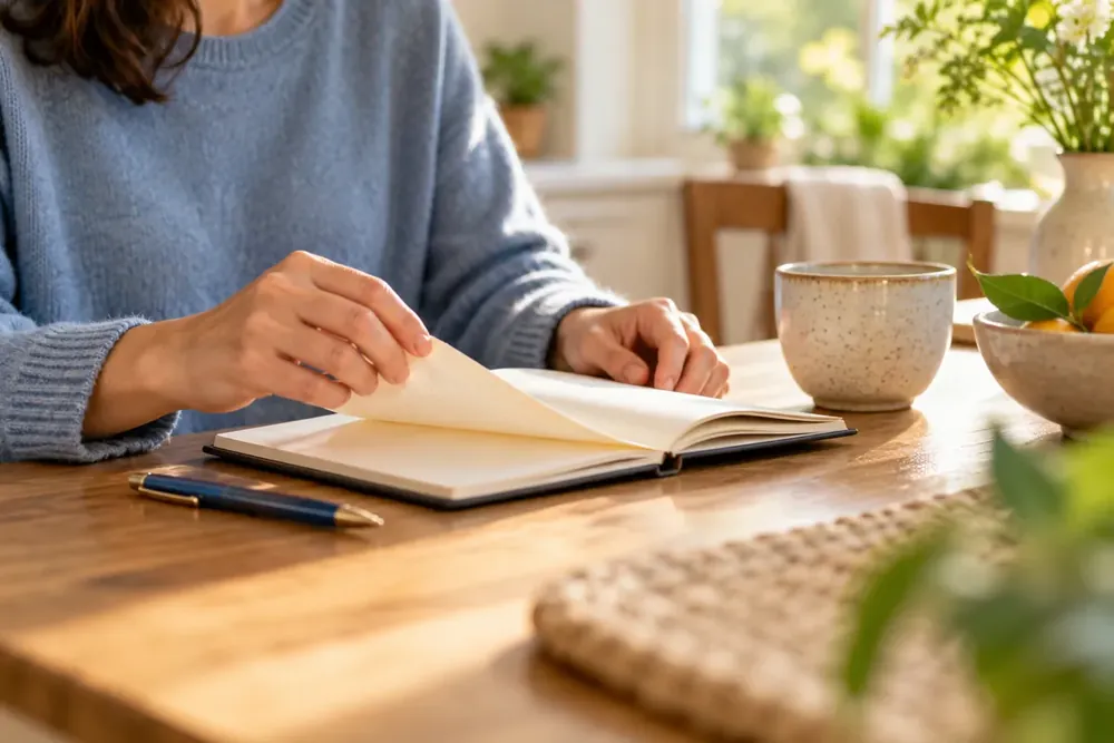 Hands turning a notebook page beside a pen.