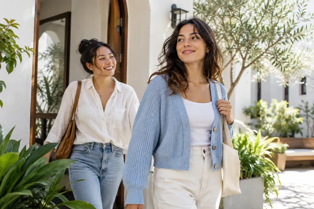 Two adults entering a sunlit courtyard together