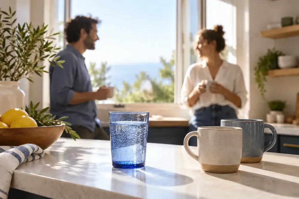 Water and mugs on a sunlit counter while two adults talk