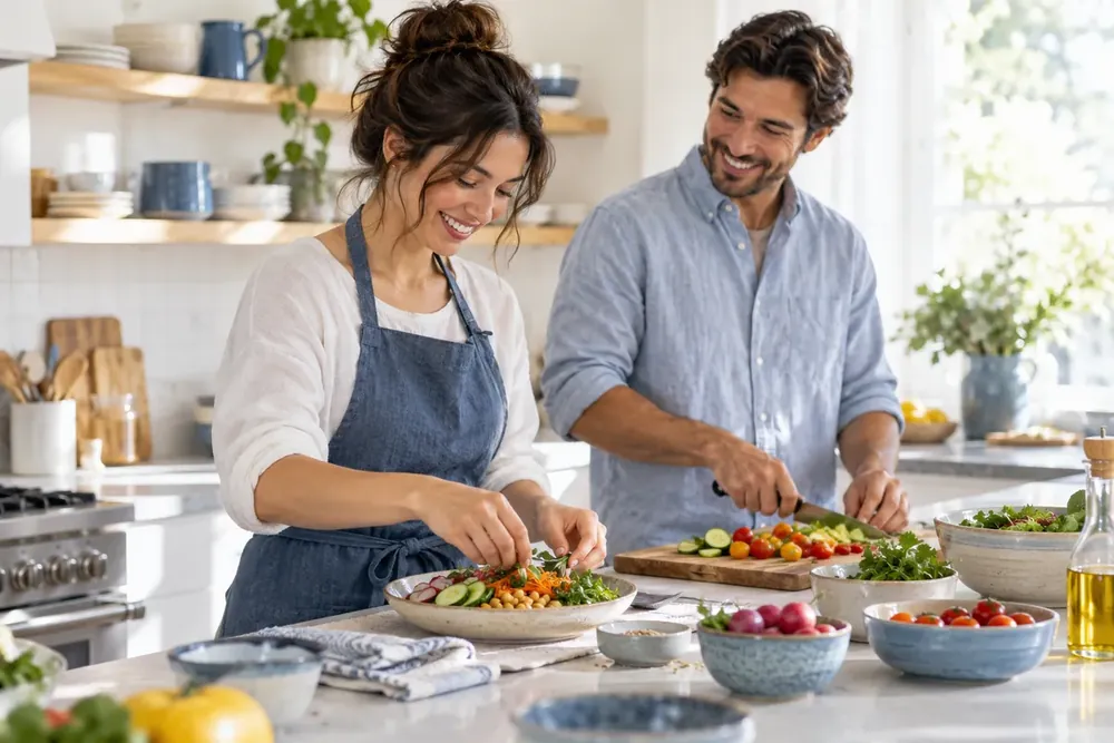 Two adults preparing lunch in a bright kitchen