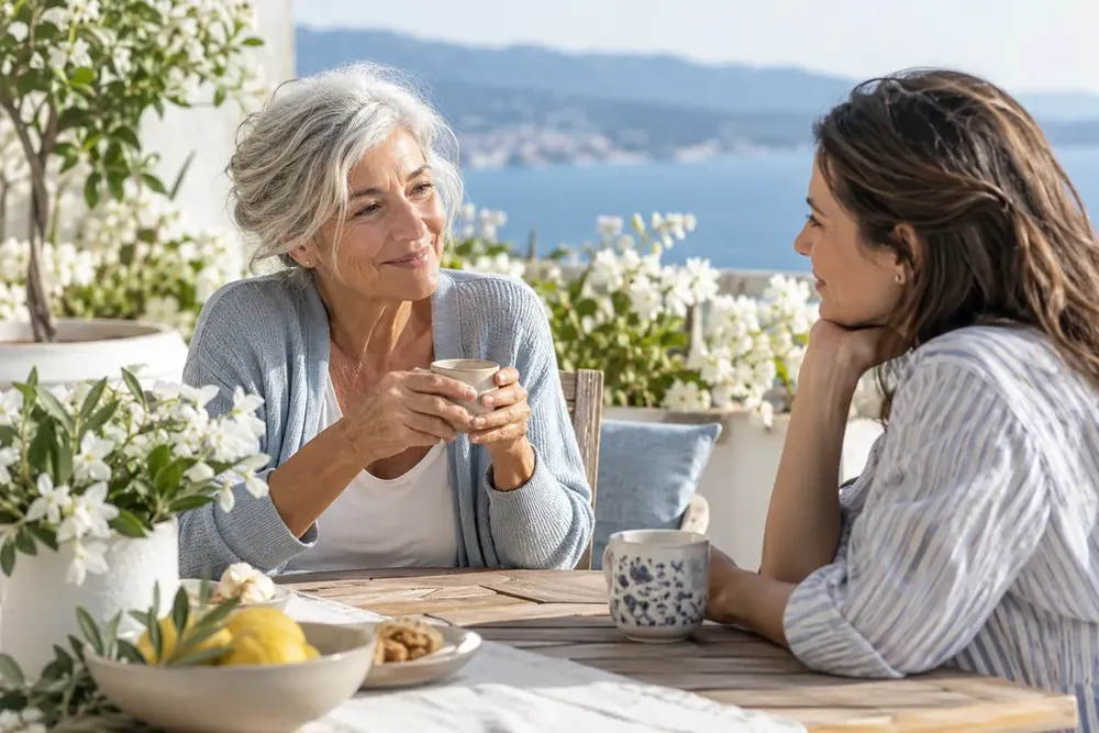 An older woman and an adult daughter sharing tea outdoors