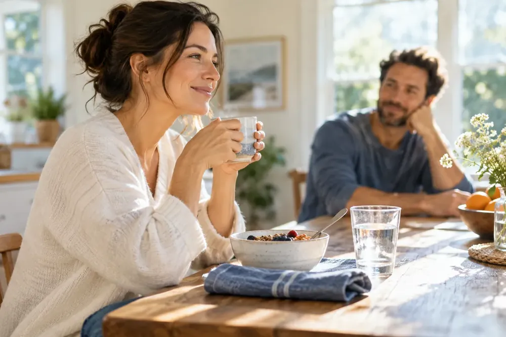 A simple breakfast setting in soft morning sunlight