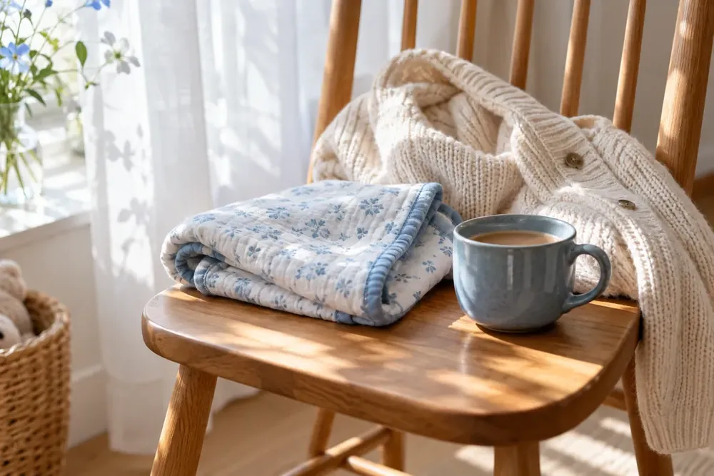 A folded baby blanket and cardigan in soft daylight