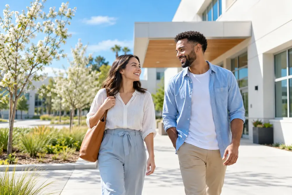 An open walkway outside a bright medical building