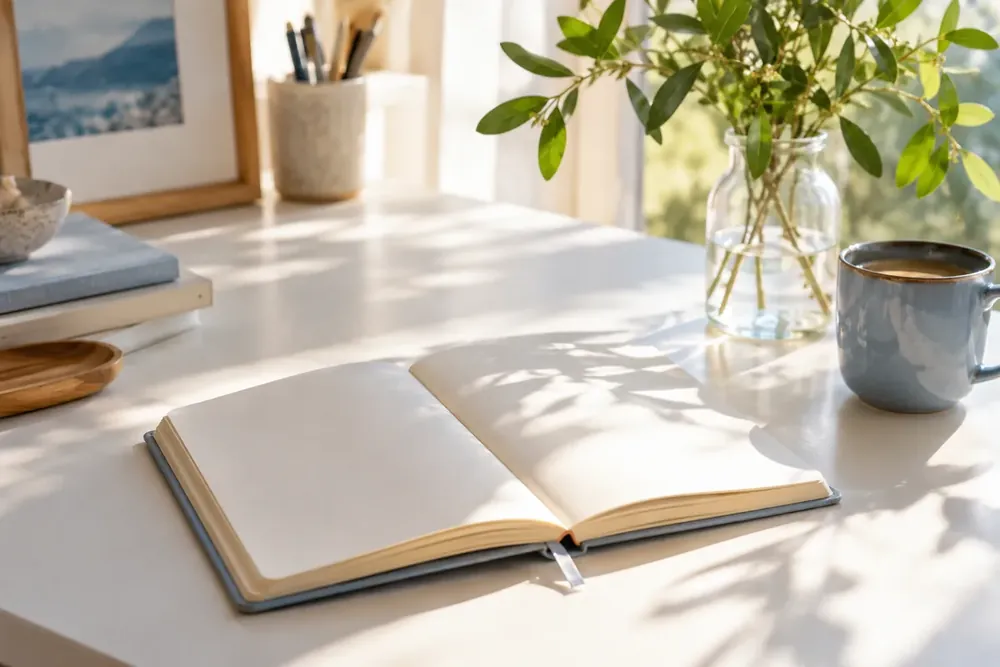 An open notebook and cup in soft morning light
