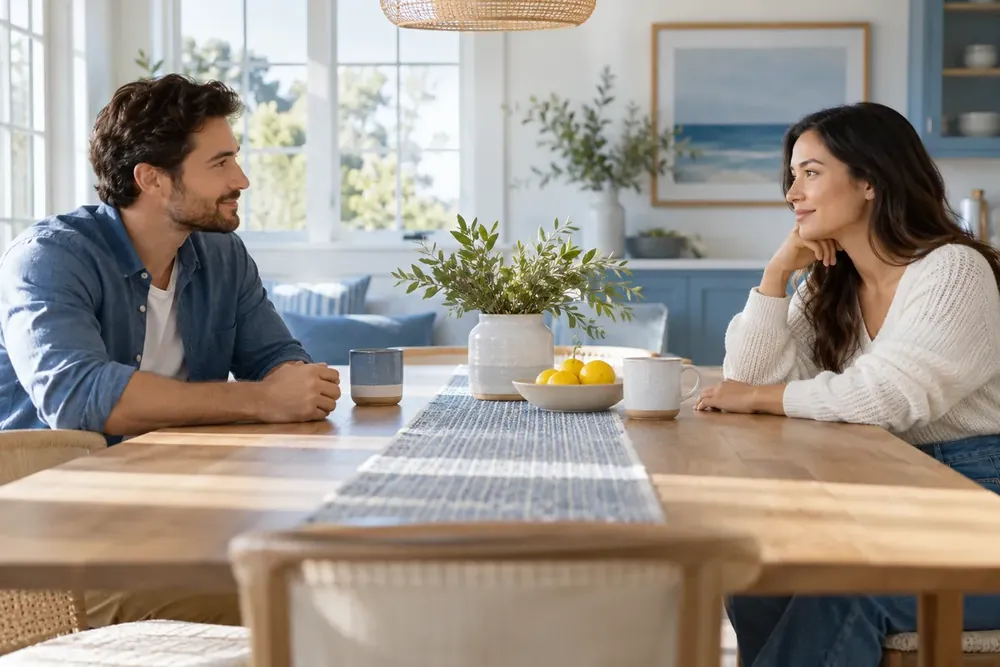 Two adults talking respectfully at a dining table