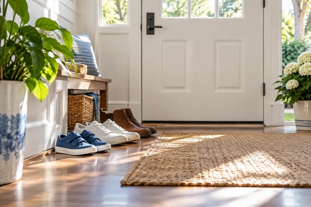 Shoes beside the door in a bright family entryway.