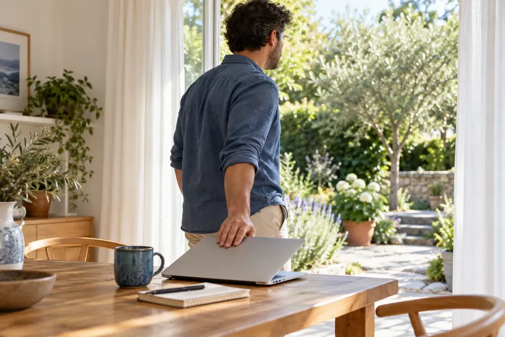 An adult closing a laptop beside a sunny garden doorway.