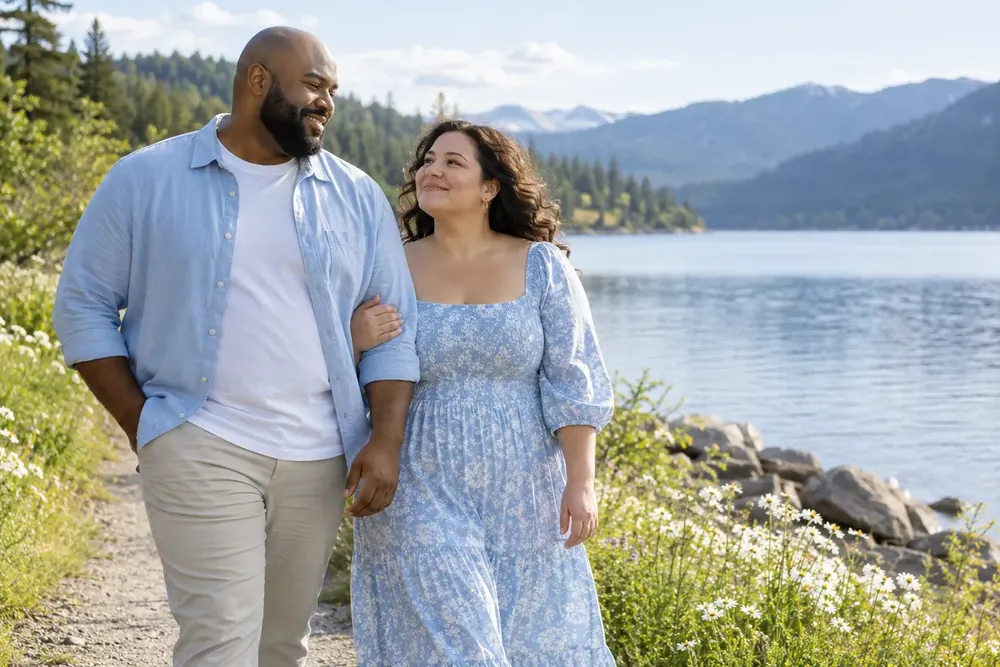 A couple walking together beside a lake.