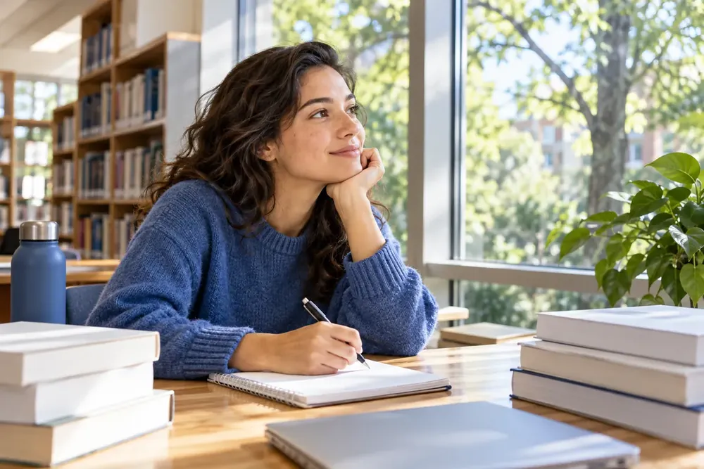 A student with notebooks at a bright library table.