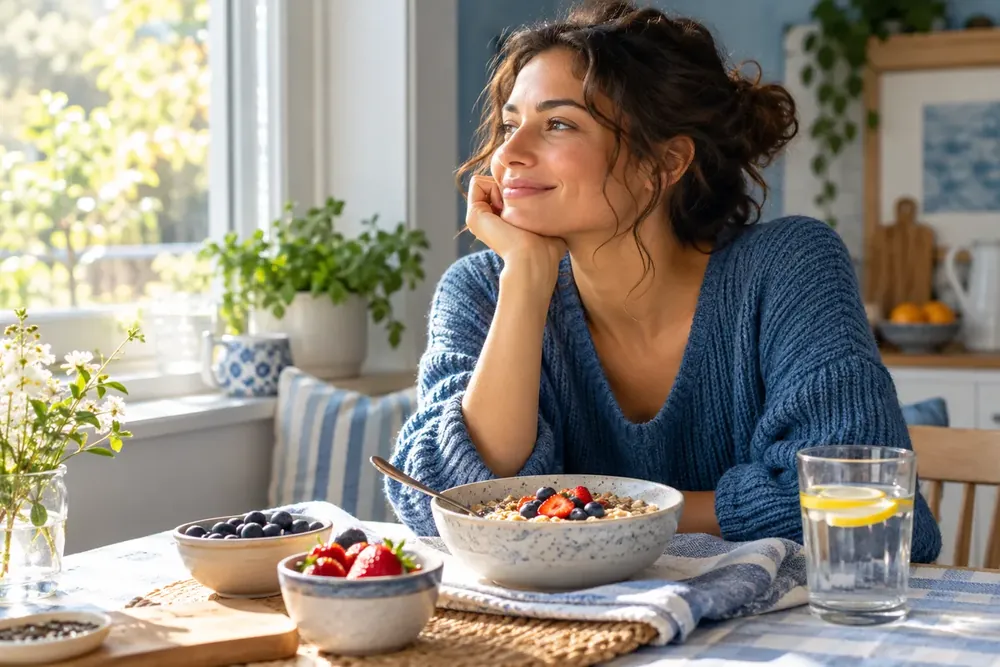 A breakfast bowl, fruit, and water at a sunlit kitchen table.