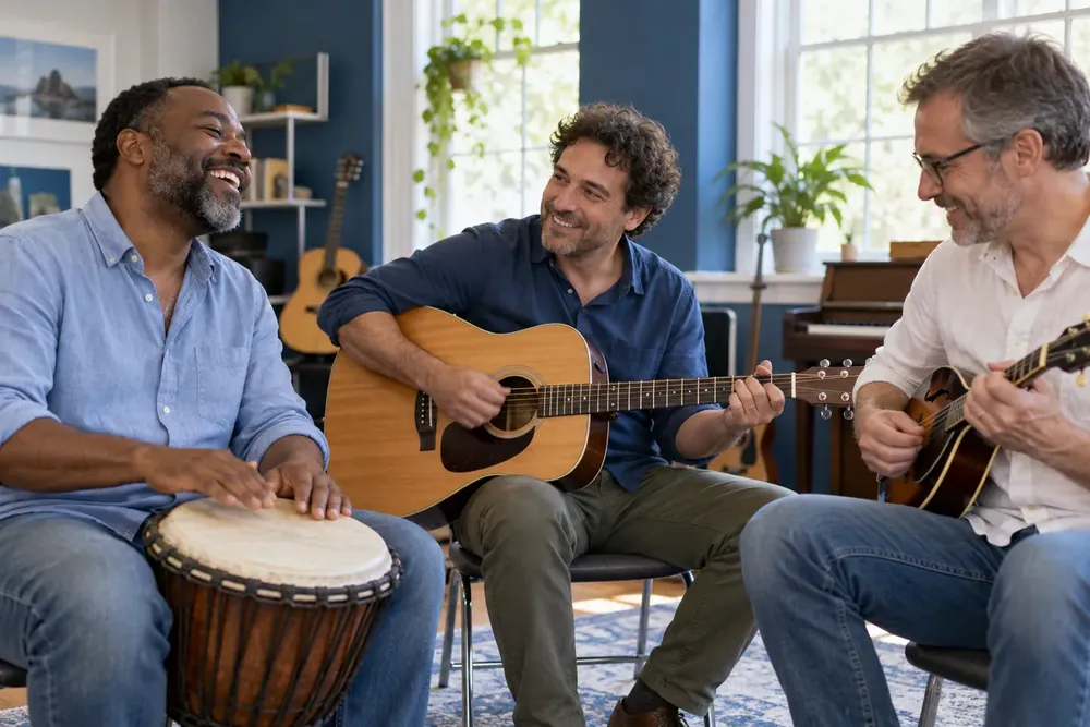 Three adults playing musical instruments together.