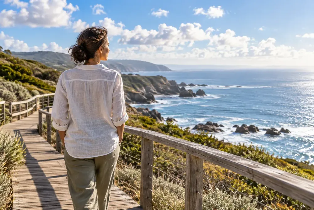 An adult walking on a boardwalk beside the sea.