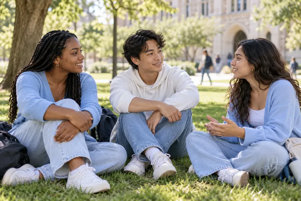 Three young adults talking together on a campus lawn.
