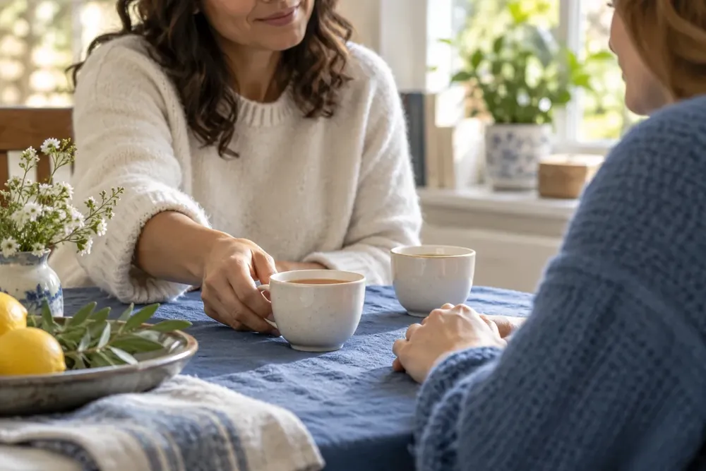 A supportive hand placing a cup beside another person's hand.