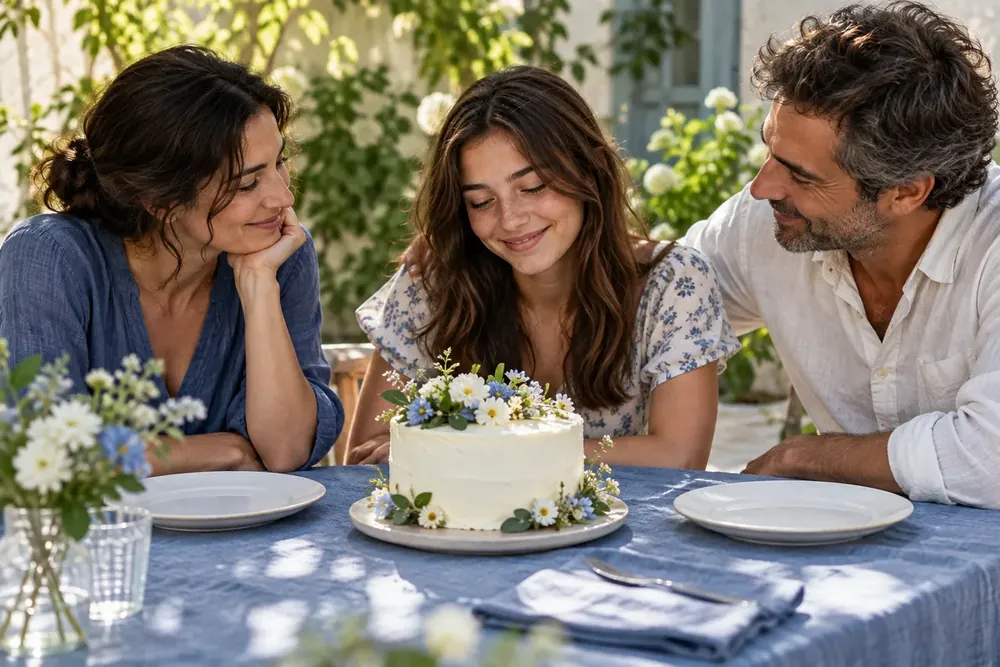 Three adults sharing a simple birthday cake in a garden.