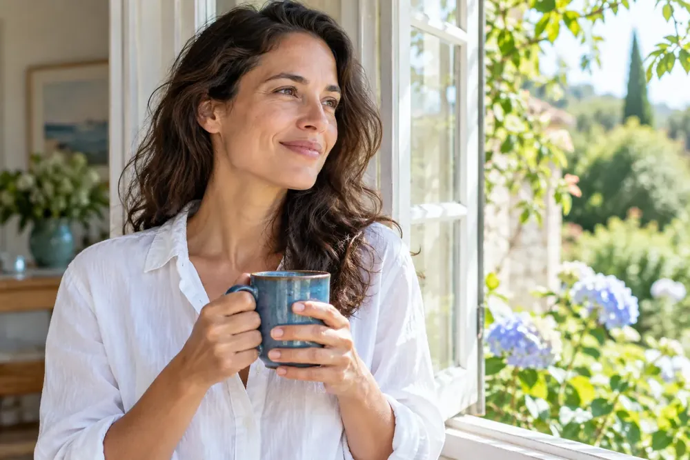 An adult holding a blue mug beside a garden window.