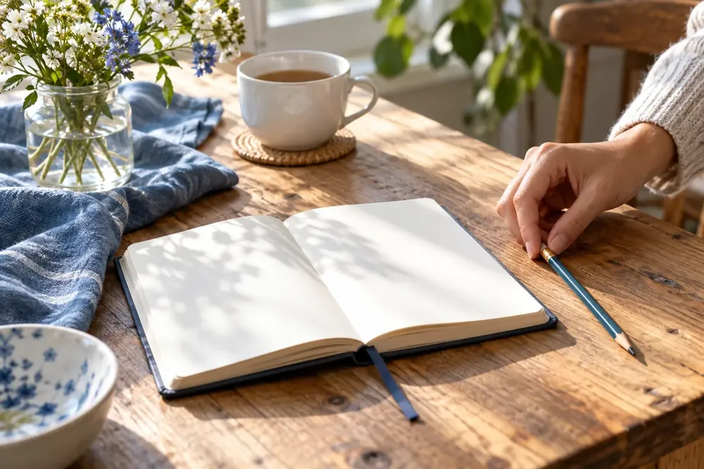 A hand setting down a pencil beside an open notebook.