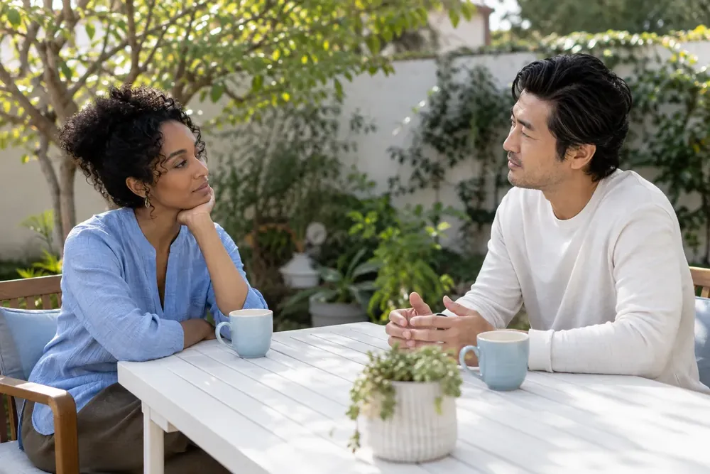 Two adults listen to one another across a garden table.