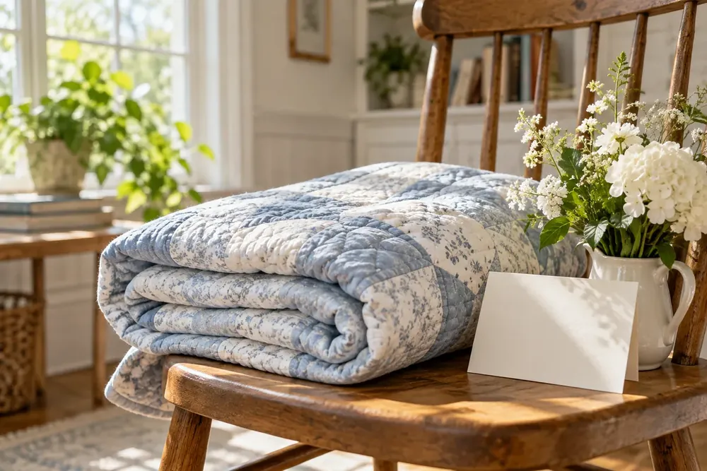 A handmade quilt rests beside flowers and a blank card.