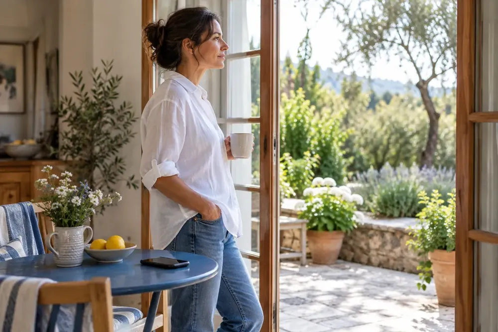 An adult pauses beside an open door with a phone set aside.