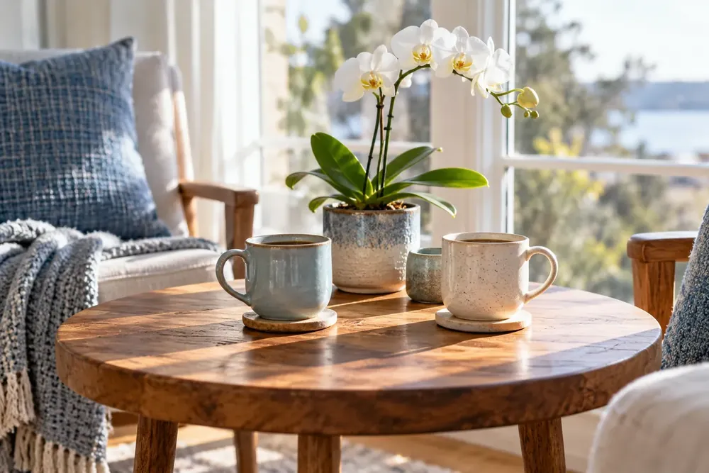 Two ceramic cups sit beside a white orchid.