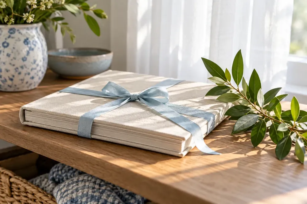A closed photo album rests beside a green branch.