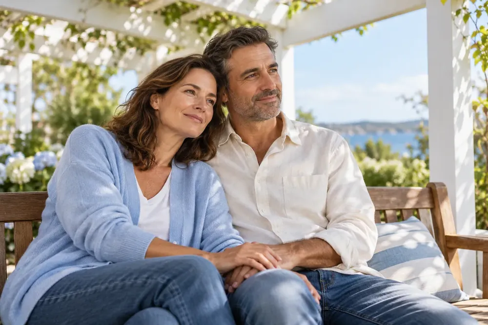 A couple shares a quiet moment on a garden bench.