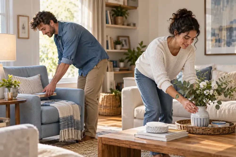 Two adults sharing the task of arranging their living room