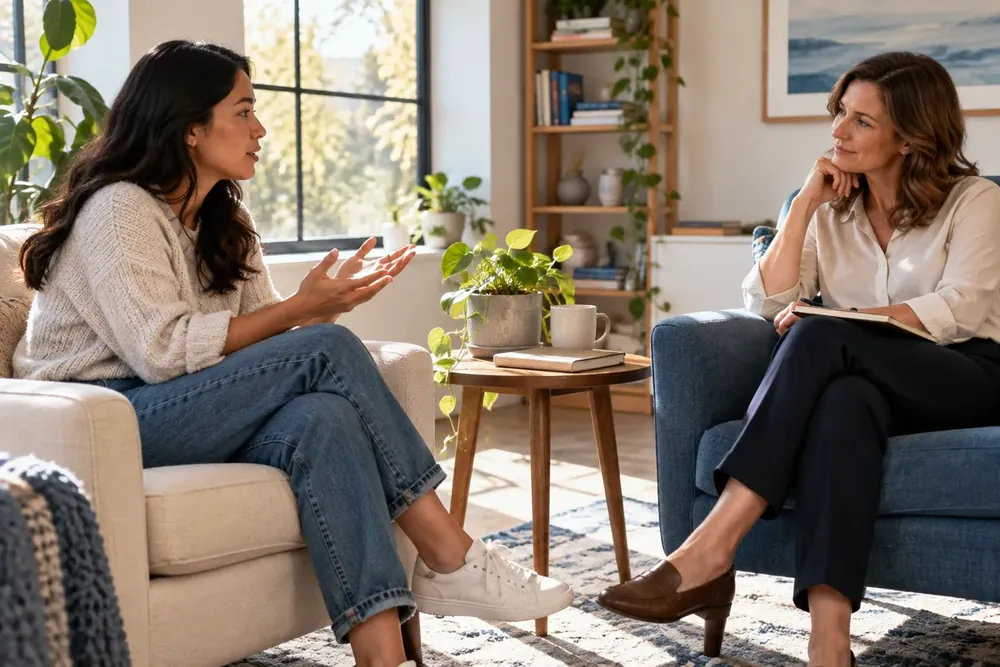 Two adults talking in a bright room
