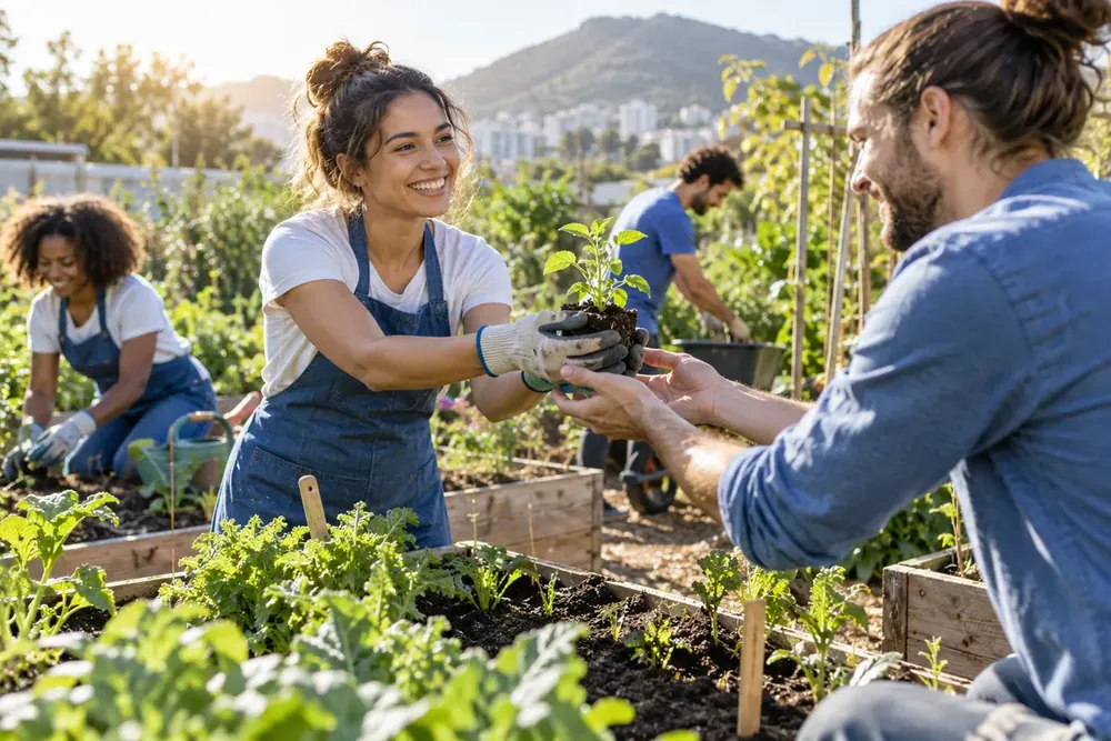 Adults planting seedlings together in a community garden