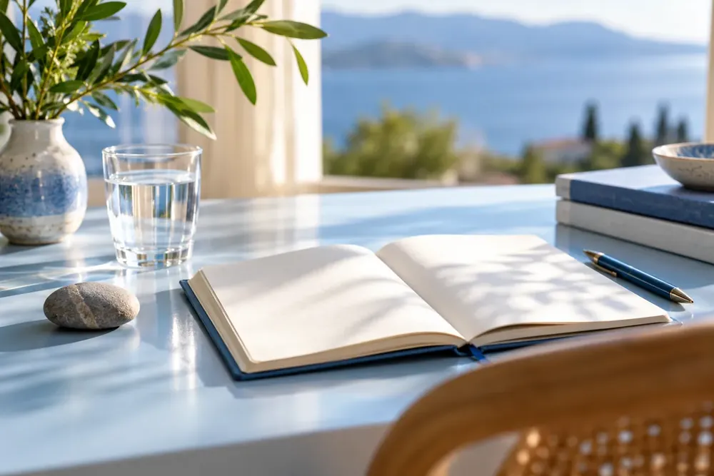 A notebook, glass of water, and smooth stone on a desk