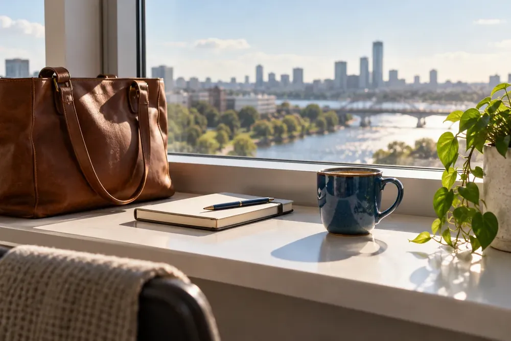 A work bag and notebook beside an office window