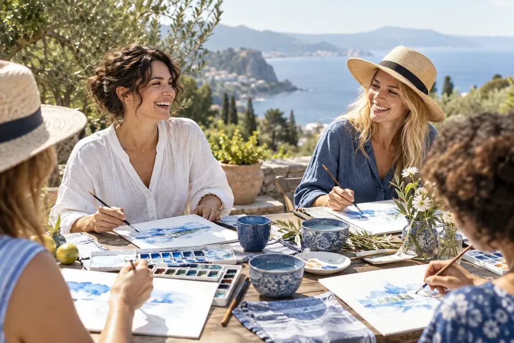 Adults enjoying a watercolor workshop outdoors