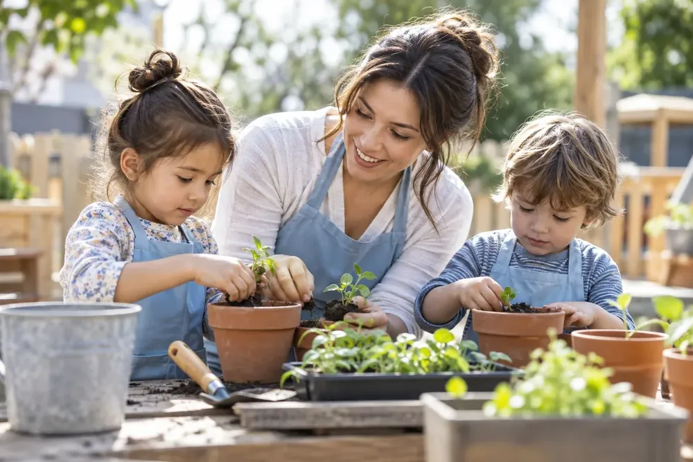 An adult helping two children plant seedlings outdoors.