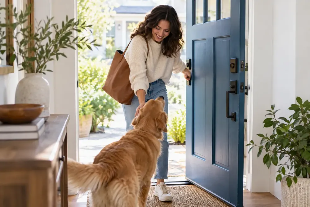 A bright home entrance with a blue door and green plants.