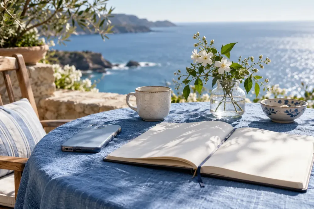 A phone set aside beside a journal and flowers.