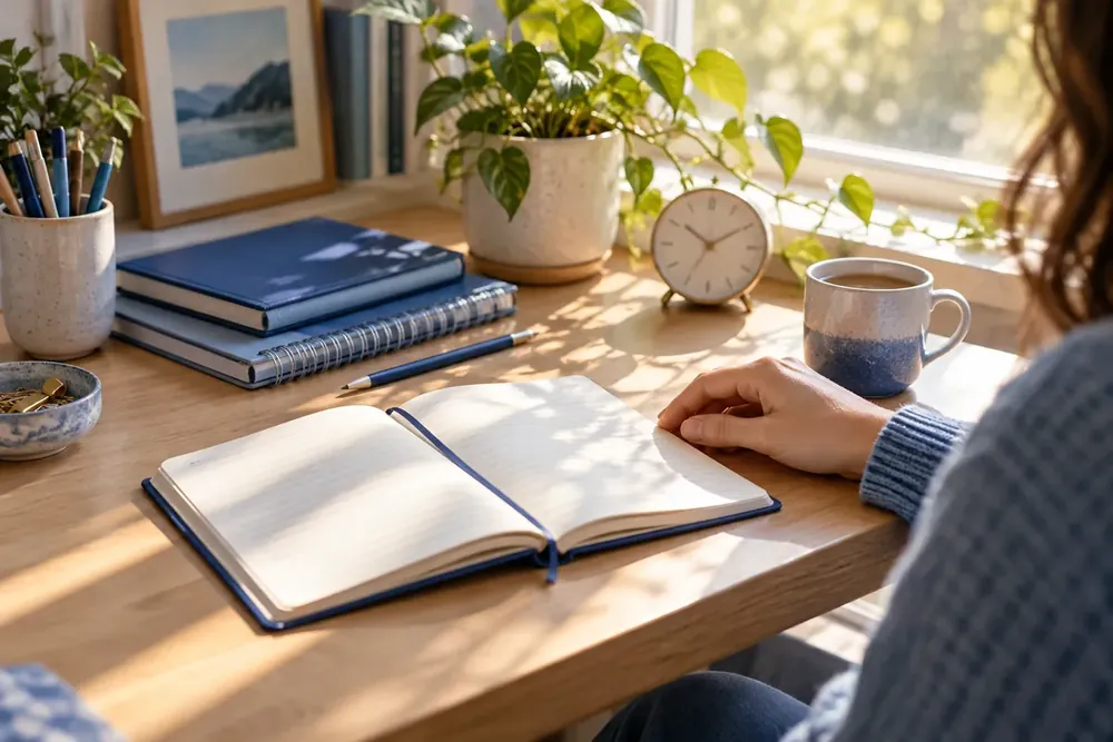 A neatly arranged study desk beside a sunny window.