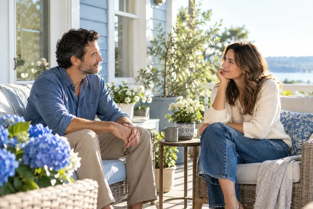 Two people talking on a shaded porch.