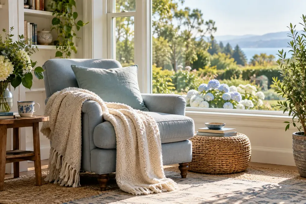 A comfortable reading chair beside a sunlit garden window.