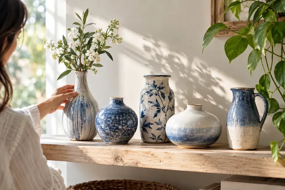 Five distinct ceramic vessels on a pale wooden shelf.